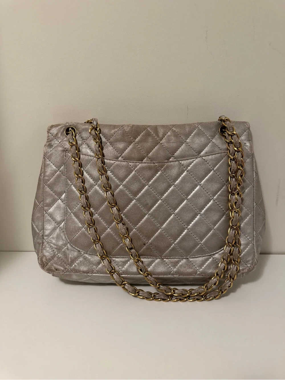 CHANEL Vintage Metallic Lambskin Quilted Jumbo Single Flap Bag